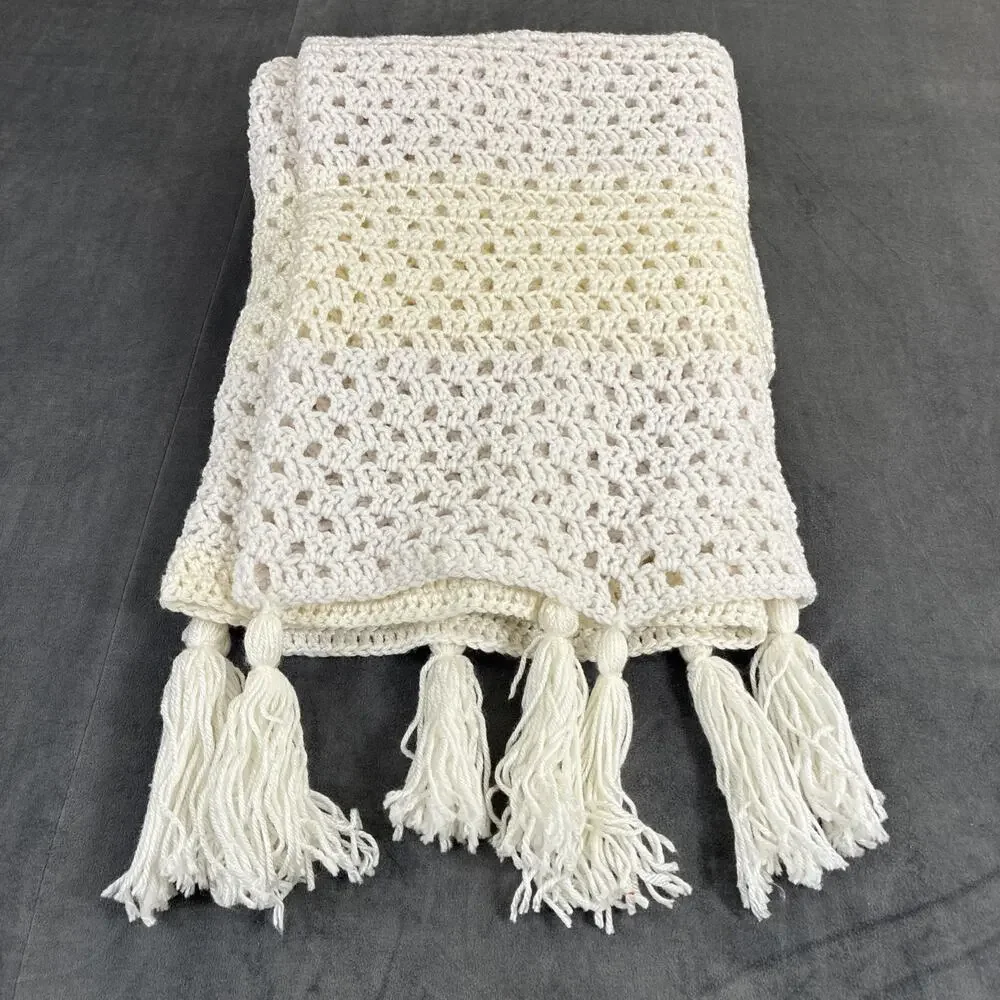 White Ivory Striped Fringed Hand Crochet Couch Throw Lap Blanket Afghan 78x55